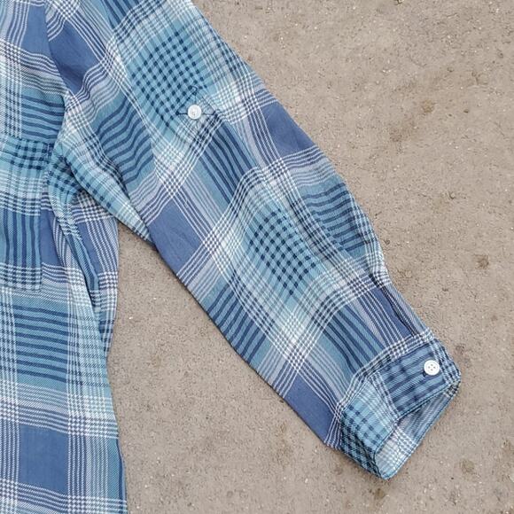 Band of Gypsies sheer plaid roll tab button up shirt green blue gray XS - Picture 2 of 6